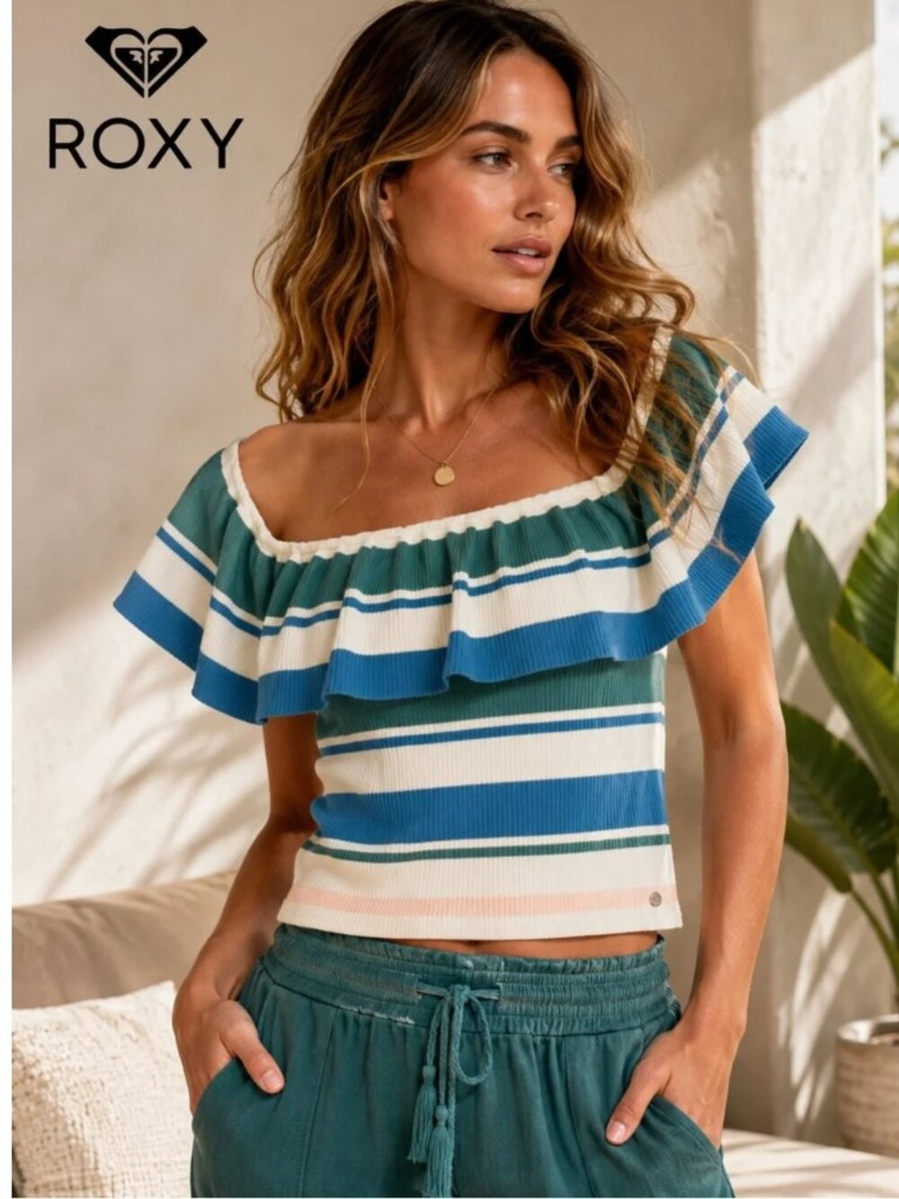 NWT Roxy Extra Tropical Love Off Shoulder Crop Top S Striped Ruffle 100% Cotton